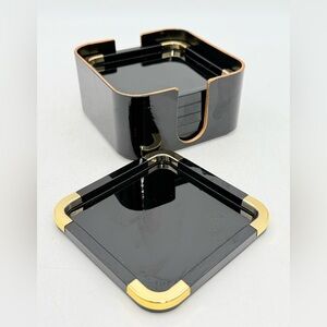 Vintage MCM Black Gold Lacquer Coasters | Square Set with Holder | Taiwan